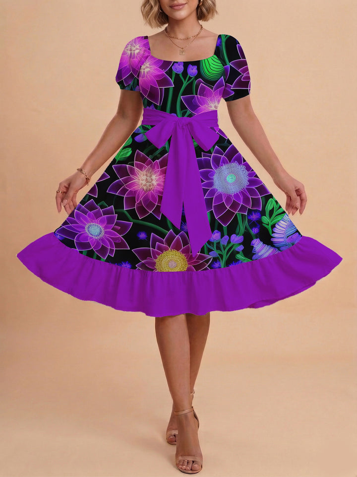 Damen modernes Blumenkleid mit elegantem Taillengürtel und asymmetrischem Saum Echo Archiv