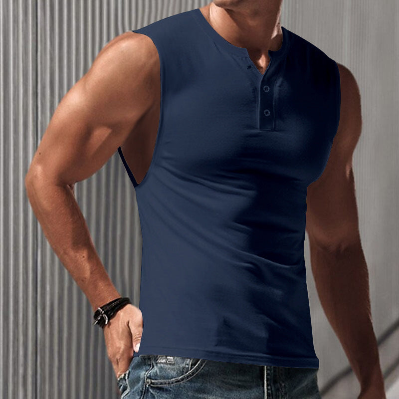 Herren nan ärmelloses Muskelshirt mit Henley-Knopfleiste, tiefem Armausschnitt und elastischem Baumwollmix Echo Archiv
