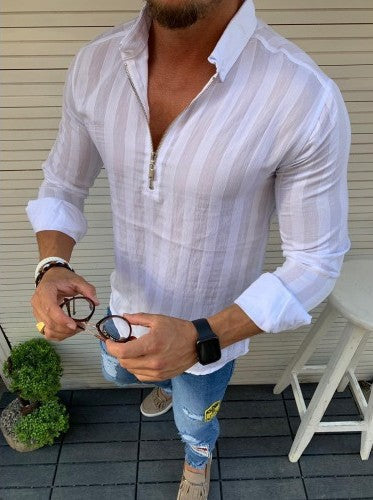 Herren Langarmshirt mit modernem Reißverschluss und feinem Streifenmuster Echoarchiv