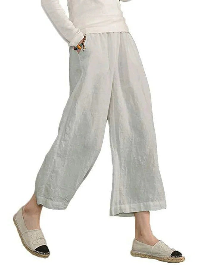 Damen weite Leinenhose mit seitlichen Taschen und elastischem Bund Echoarchiv
