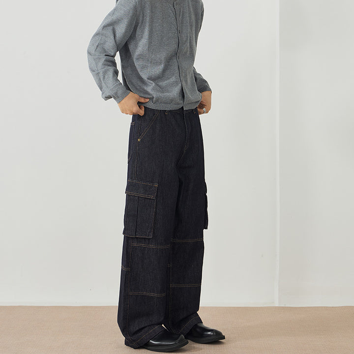 Herren Weite Denim-Cargo-Palazzohose mit Paneelnähten, Klappentaschen und rohem Finish Echo Archiv