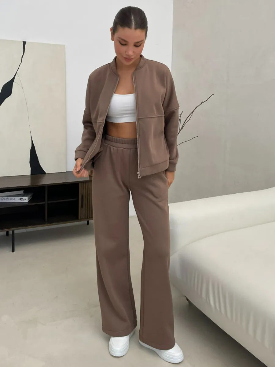 Damen lässiges Zip-Lounge-Set mit Stehkragen und weitem Highwaist-Joggpant – Auréline