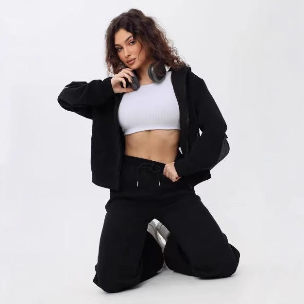 Damen zweiteiliges Cozy-Loungewear-Set mit Reißverschlusskapuze, taillenhoher Weitbein-Jogger und verdeckten Eingrifftaschen – Auréline