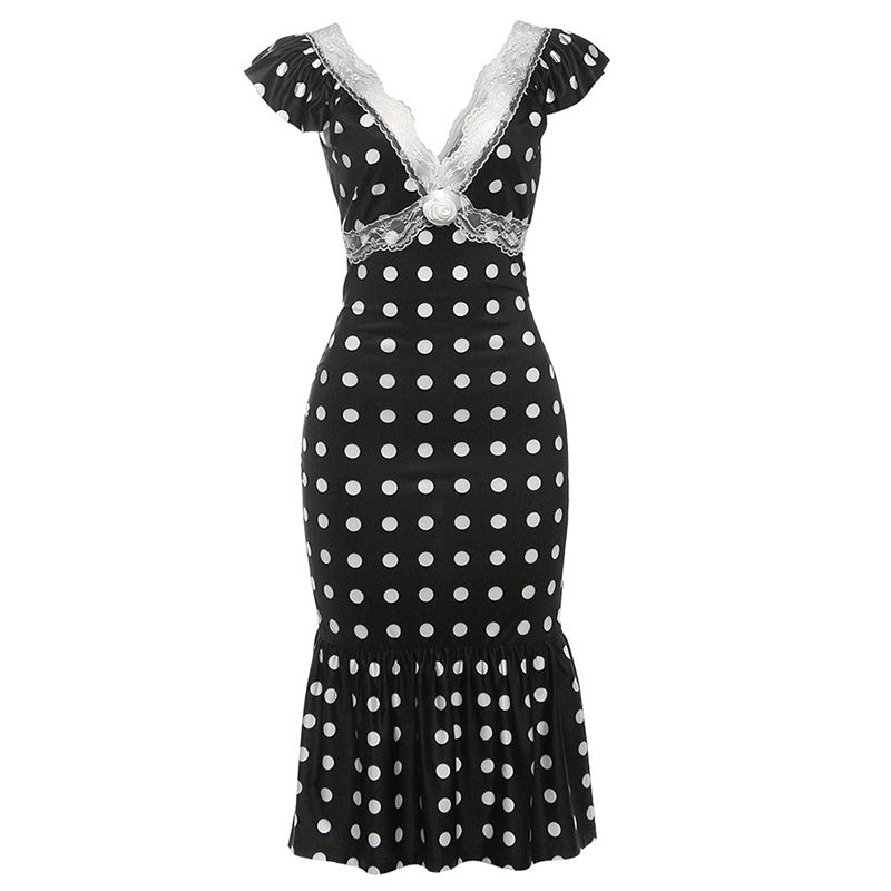 Damen Figurbetontes Polka-Dot Kleid mit Spitzenapplikation Echo Archiv