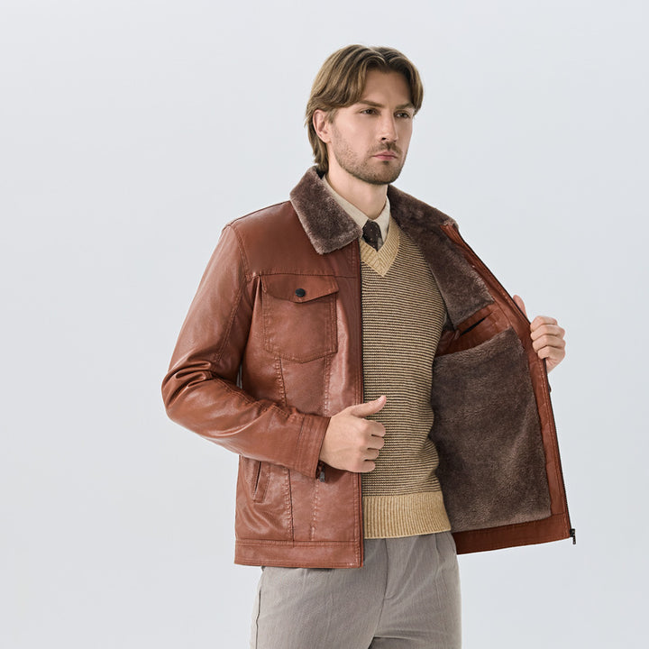 Herren Elegante Lederjacke mit Fleece-Kragen Echoarchiv