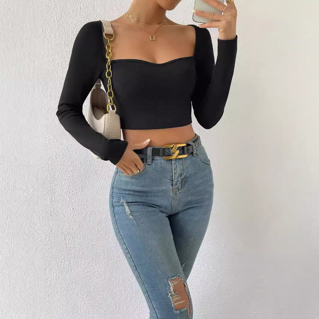 Damen Figurbetontes geripptes Kurzshirt mit herzförmigem Ausschnitt – Avérine