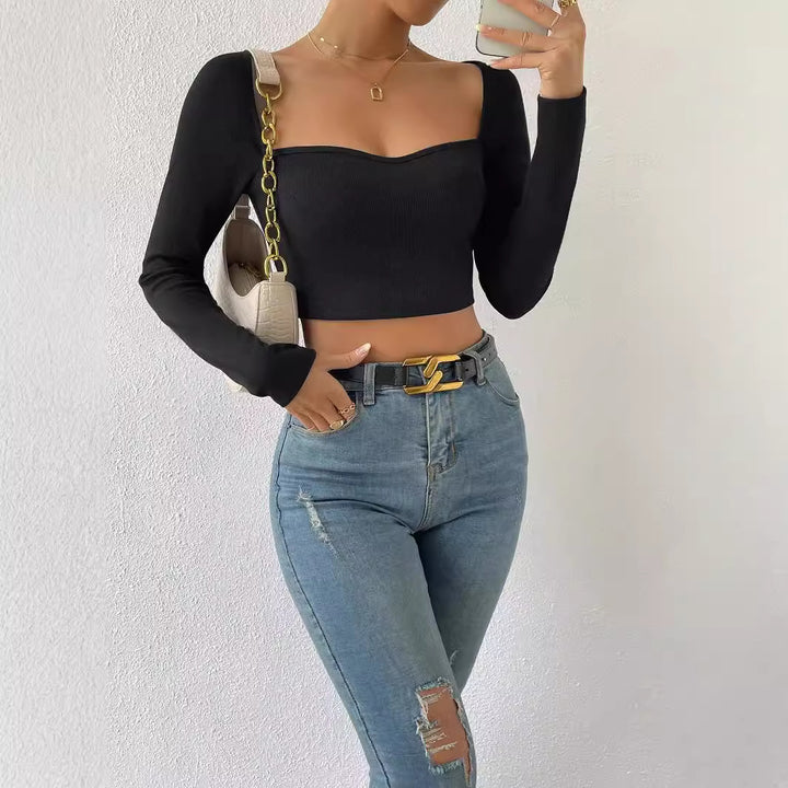 Damen Figurbetontes geripptes Kurzshirt mit herzförmigem Ausschnitt – Avérine