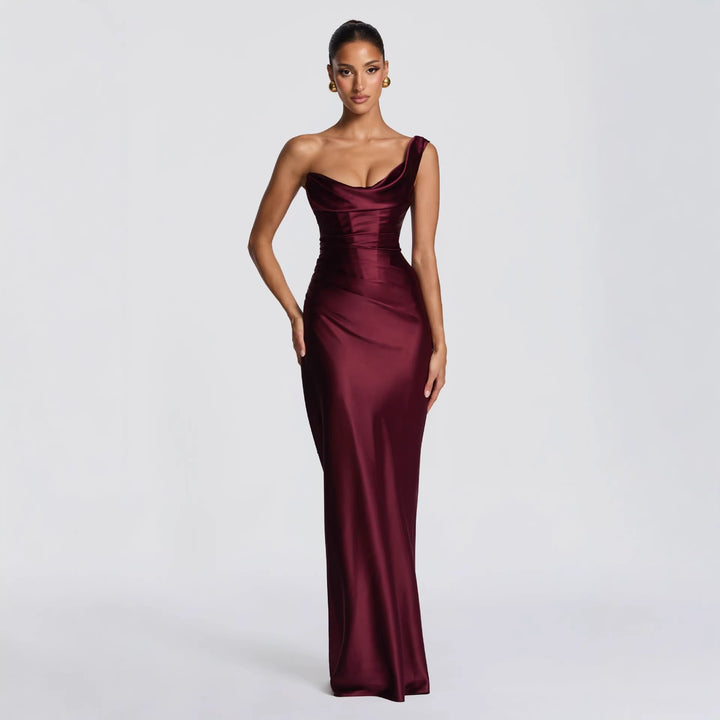 Damen Elegantes Satin Lang Abendkleid mit asymmetrischem Schnitt und figurschmeichelndem Design Echo Archiv