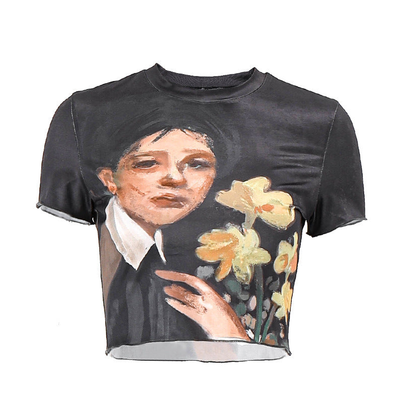 Damen cropped T-Shirt mit künstlerischem Druck und figurbetonter Passform Echo Archiv