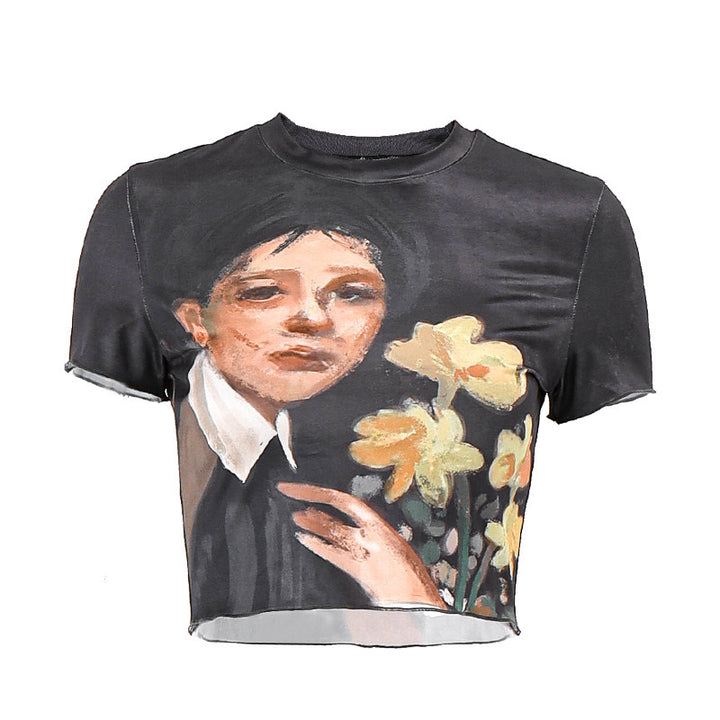 Damen cropped T-Shirt mit künstlerischem Druck und figurbetonter Passform Echo Archiv