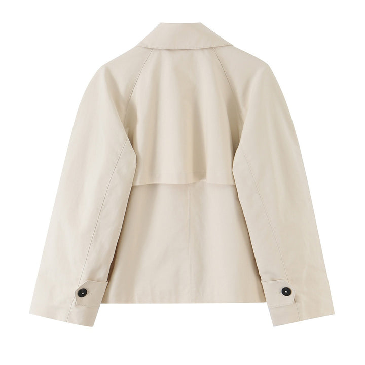 Damen Kurz geschnittene Trenchjacke mit asymmetrischer Knopfleiste und Hemdkragen Echo Archiv