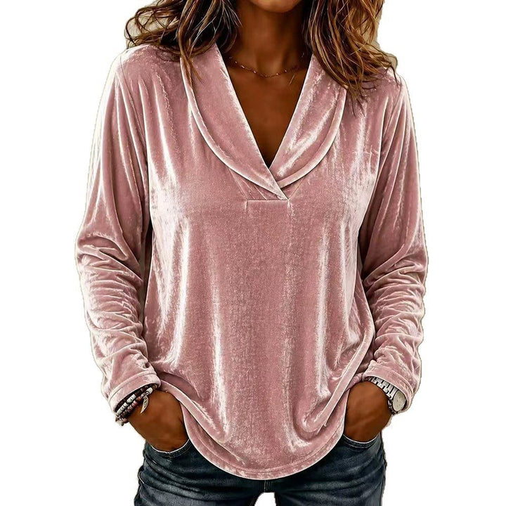 Damen Velours-Longsleeve mit tiefem Schalkragen und gerundetem Saum Echo Archiv