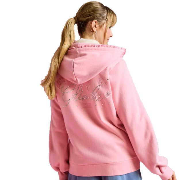 Damen nan Rüschen-Kapuzen-Sweatjacke mit Ballonärmeln und Strasslogo Echo Archiv