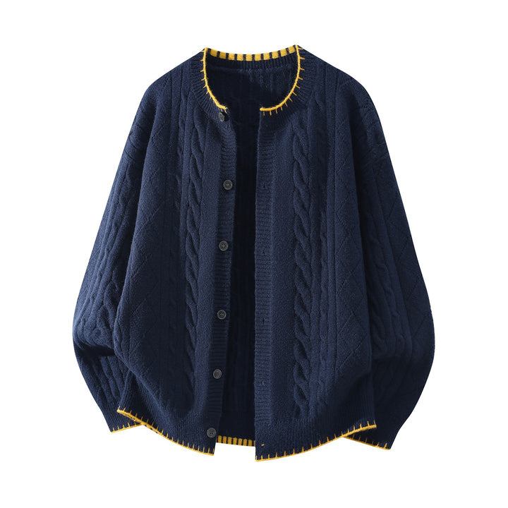 Damen Oversize Zopfmuster-Cardigan mit Rundhalsausschnitt, Ballonärmeln & Kontrastnaht Echoarchiv