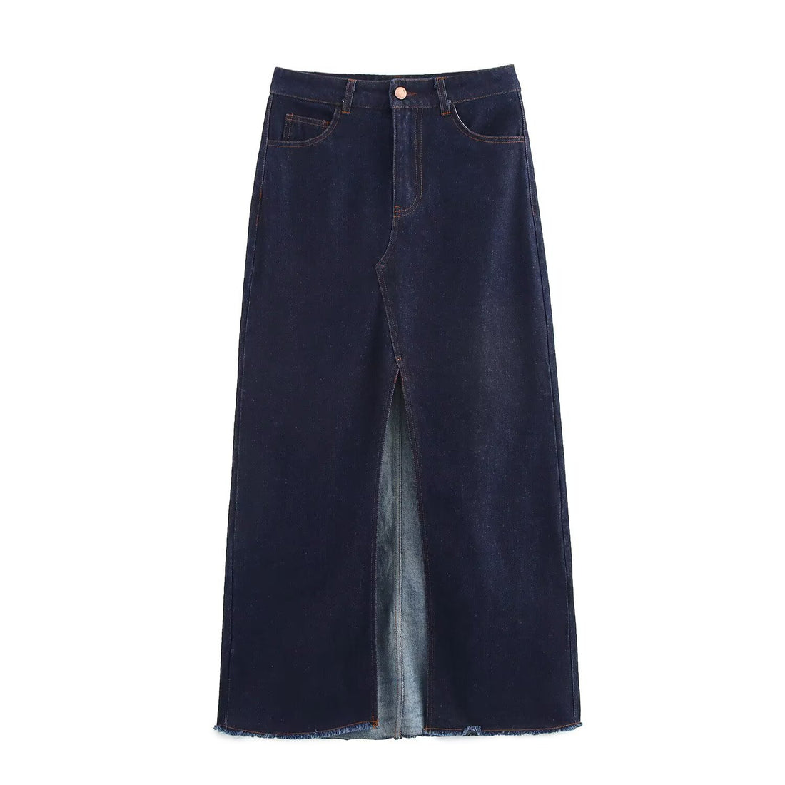 Damen Langer Jeans-Midirock mit hoher Taille, Frontschlitz und rohem Saum Echoarchiv