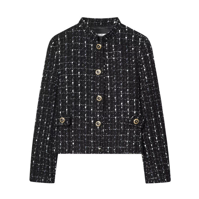 Damen kurze Bouclé‑Tweed‑Jacke mit Stehkragen, Zierknöpfen und Pattentaschen Echo Archiv