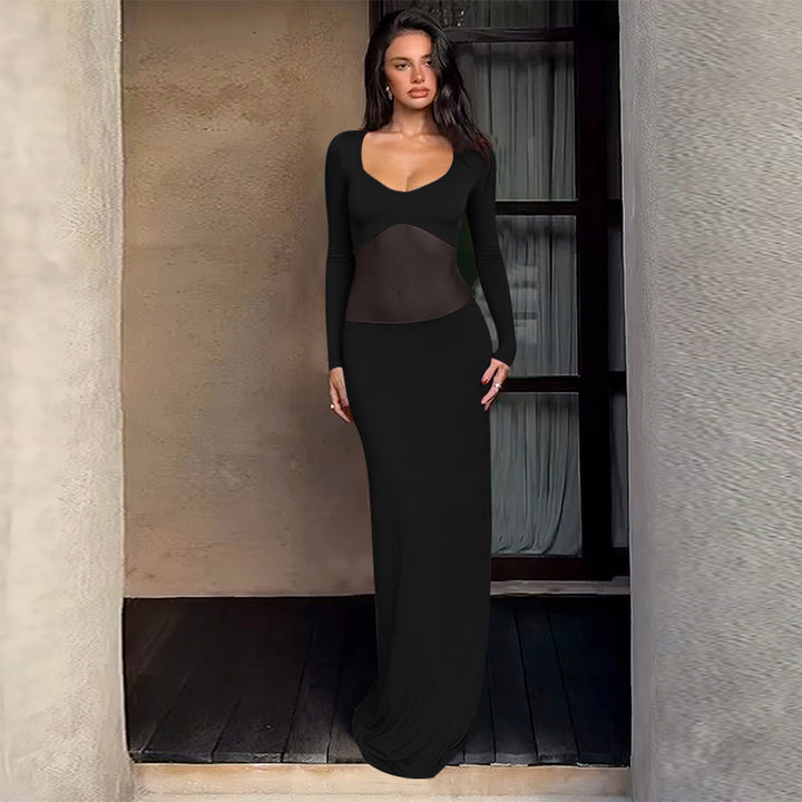 Damen Figurbetontes Maxikleid mit transparenten Mesh-Einsätzen und tailliertem Stretchrock – Avérine