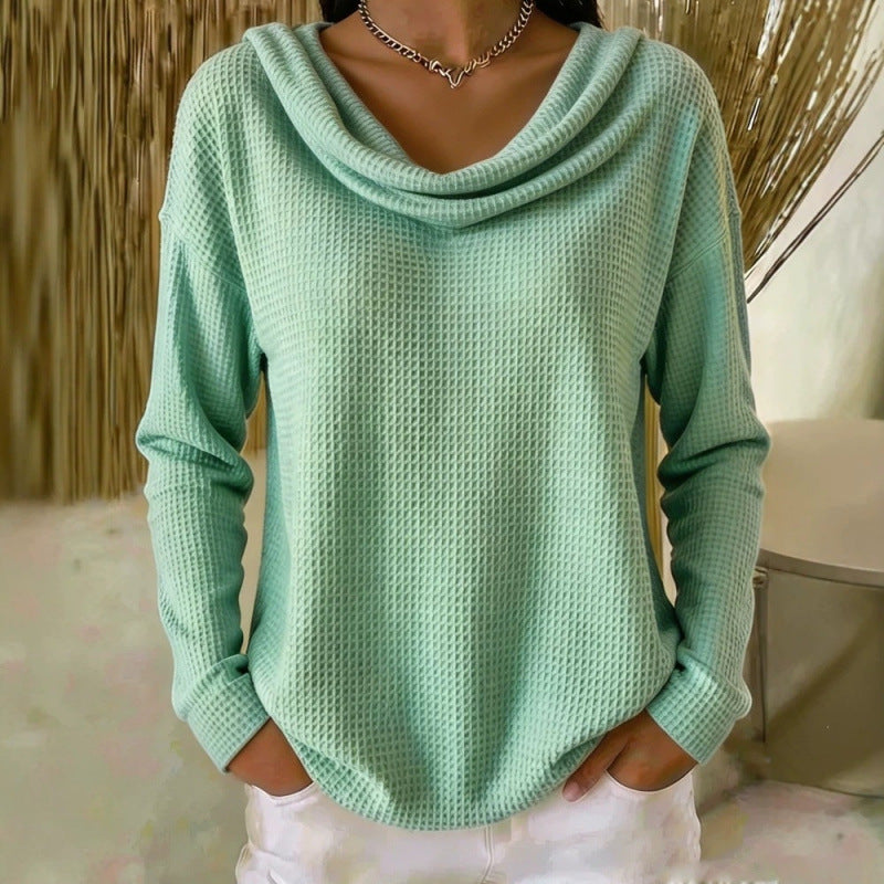 Damen Lässiger Waffelstrick-Pullover mit weitem Wasserfallkragen und gerundetem Saum Echoarchiv