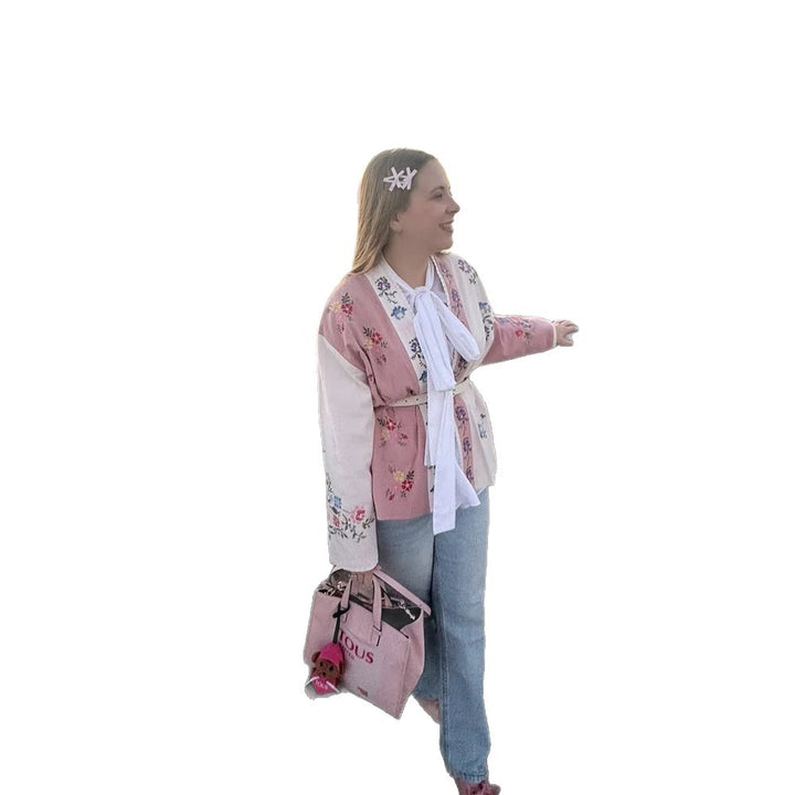Damen Bestickte leichte Kimono-Jacke mit floralen Applikationen und offenem Fall Echoarchiv