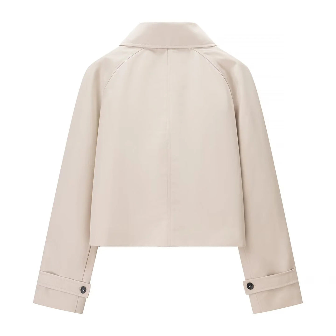 Damen kurz geschnittene wasserabweisende Cropped-Trenchjacke mit Hemdkragen und verdeckter Knopfleiste – Célinea