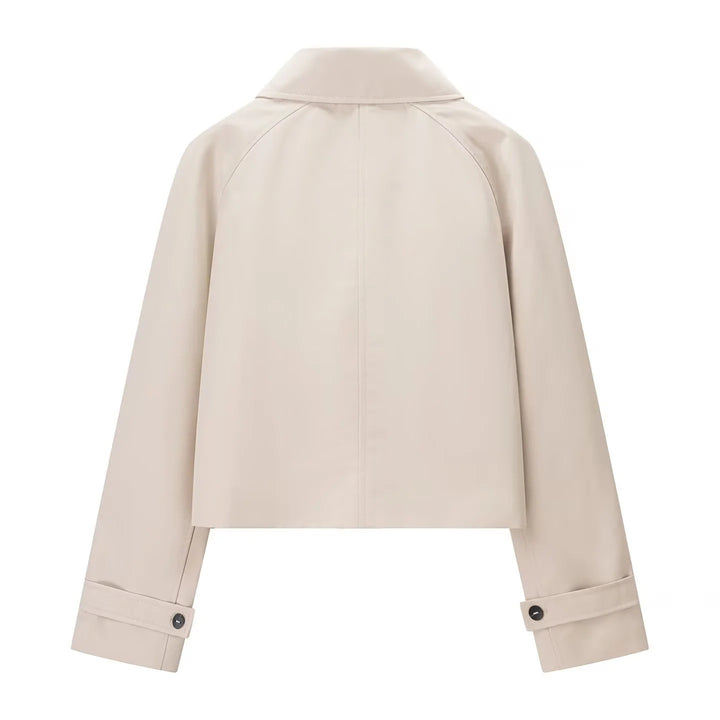 Damen kurz geschnittene wasserabweisende Cropped-Trenchjacke mit Hemdkragen und verdeckter Knopfleiste – Célinea