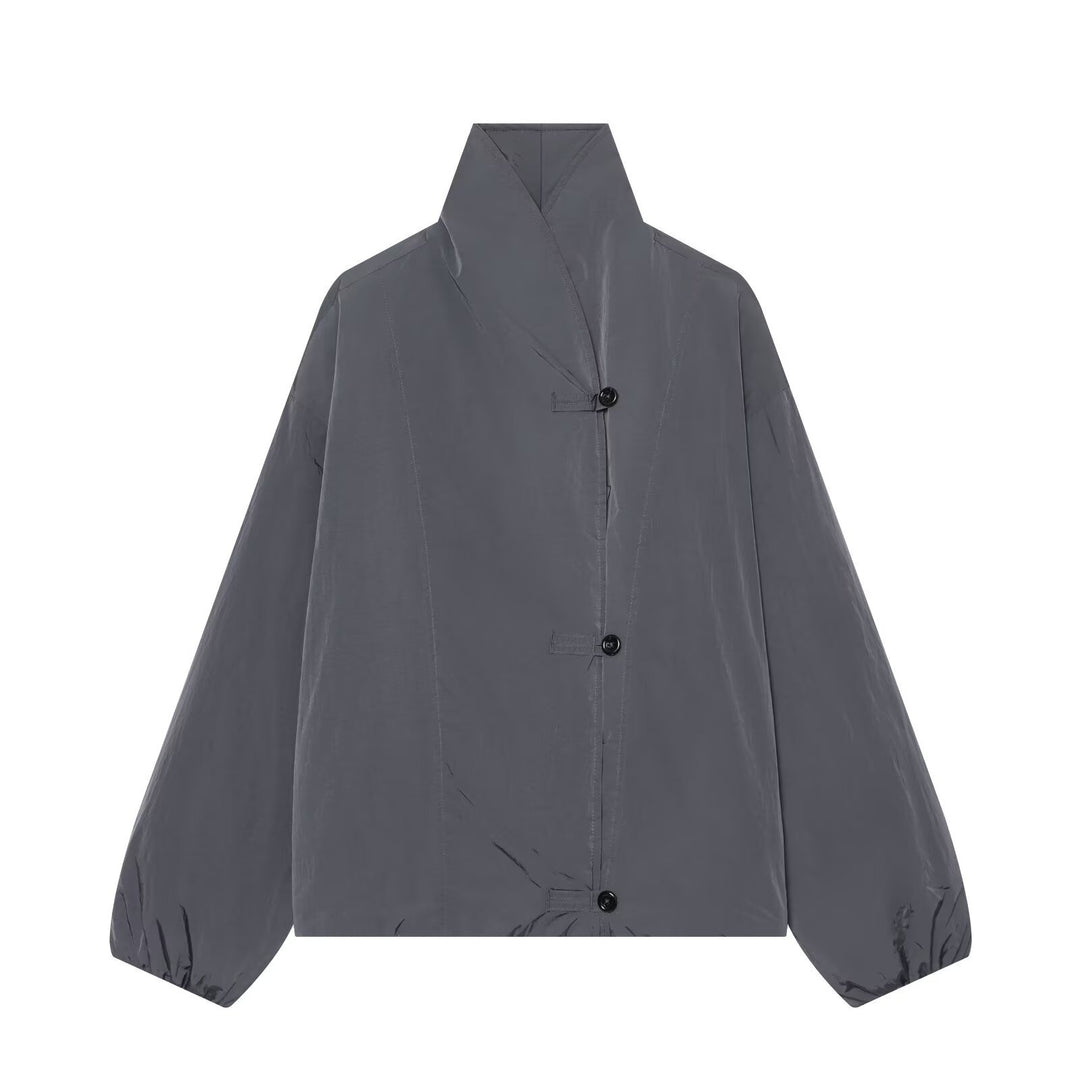 Damen Leichte Cropped Nylonjacke mit hohem Funnelkragen, Oversize-Schnitt und elastischen Bündchen Echoarchiv