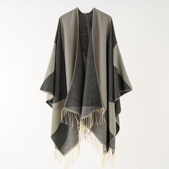Damen Leichter reversibler Fransen-Umhang aus feiner Wollmischung – Montévia
