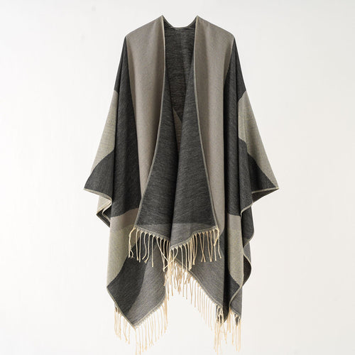 Damen Leichter reversibler Fransen-Umhang aus feiner Wollmischung – Montévia