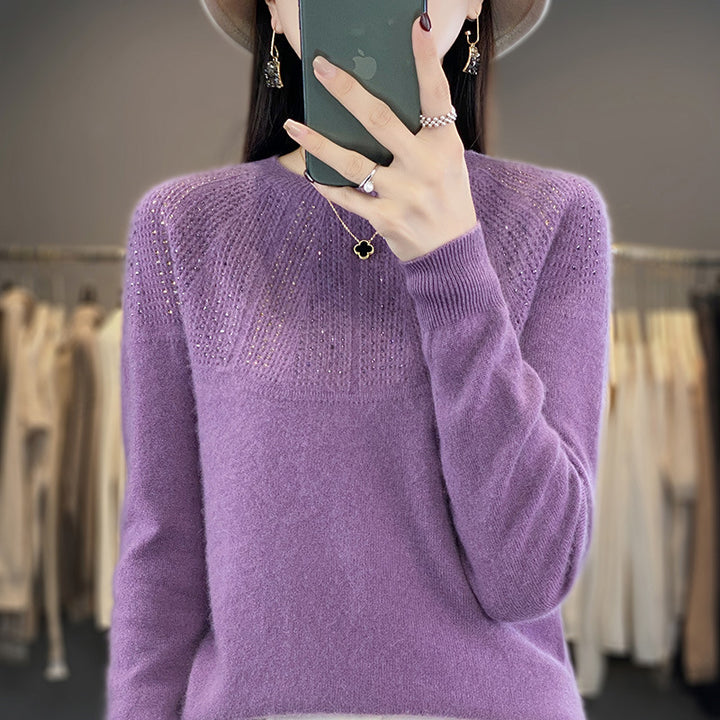 Damen Weicher Kaschmir‑Optik Feinstrickpullover mit Ajour‑Yoke und Paillettenbesatz Echoarchiv