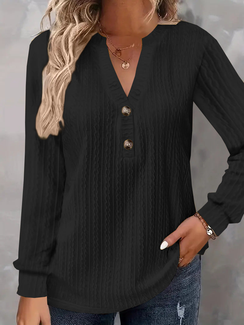 Damen Strukturiertes V‑Neck Langarmshirt mit Zierknopfleiste – Avérine