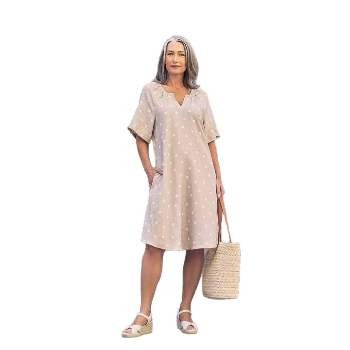 Damen nan lockeres A-Linien Leinenoptik-Kleid mit V-Ausschnitt, geraffter Schulterpartie und Eingrifftaschen Echo Archiv