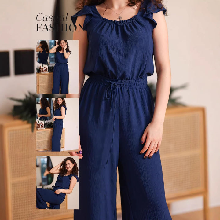 Damen Crinkle-Overall mit weitem Bein, elastischem Taillenbund und Rüschenärmeln Echo Archiv