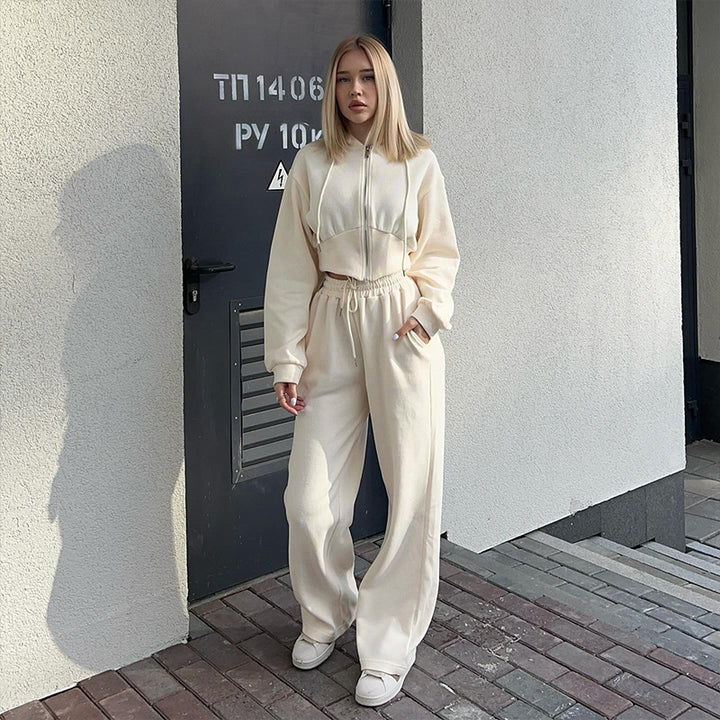 Damen kurzes Reißverschluss-Cropped-Hoodie mit hoher Bund Palazzo-Jogginghose Set – Auréline