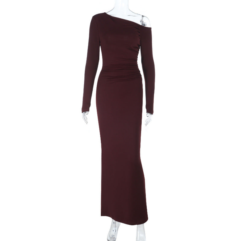 Damen One-Shoulder Abend-Maxikleid mit langem Arm und taillierter Drapierung – Avérine