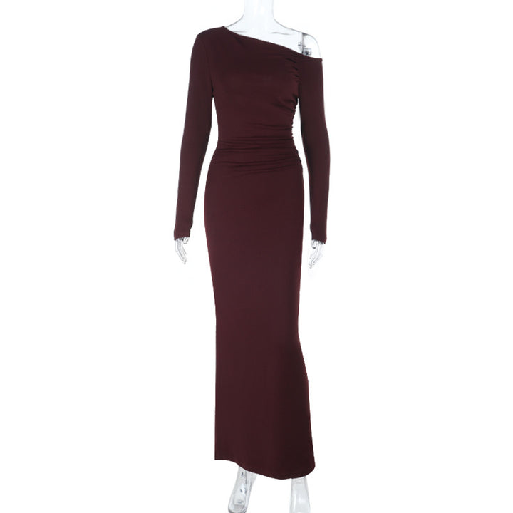 Damen One-Shoulder Abend-Maxikleid mit langem Arm und taillierter Drapierung – Avérine