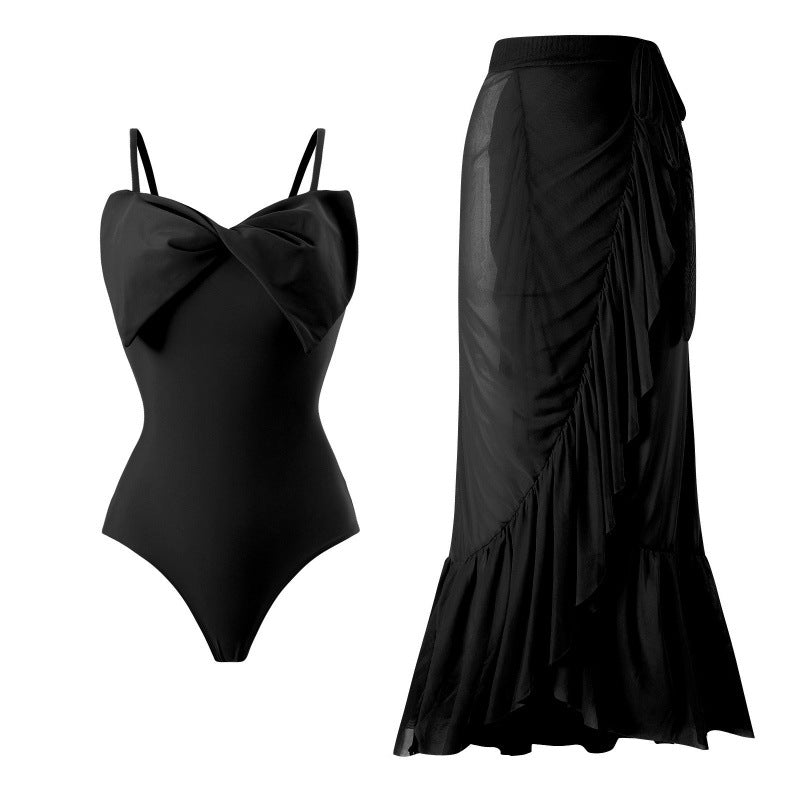 Damen Einteiler Badeanzug mit stylischem Wickelrock und glamourösem Schleifendetail Echo Archiv
