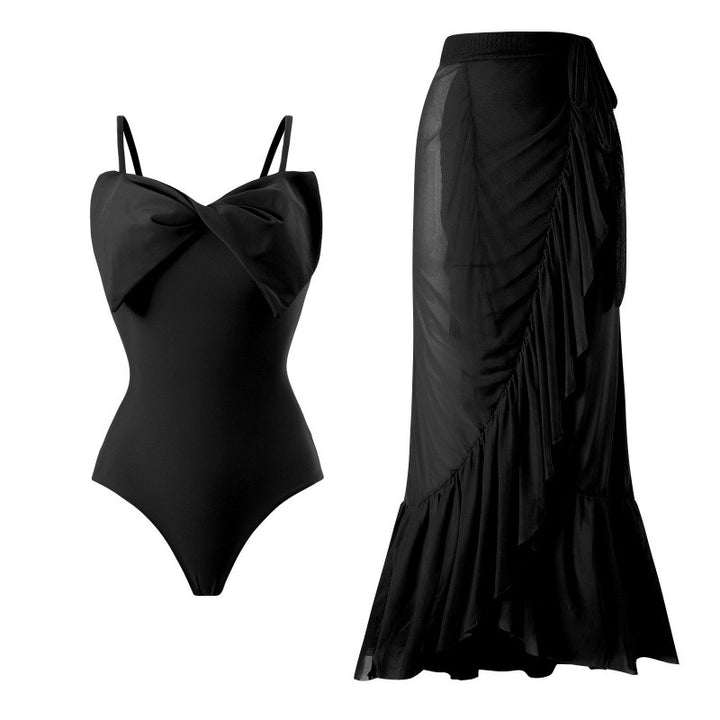 Damen Einteiler Badeanzug mit stylischem Wickelrock und glamourösem Schleifendetail Echo Archiv