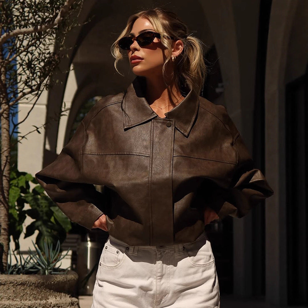 Damen Boxy Cropped Lederimitat‑Blouson mit Oversize‑Schulter Echoarchiv