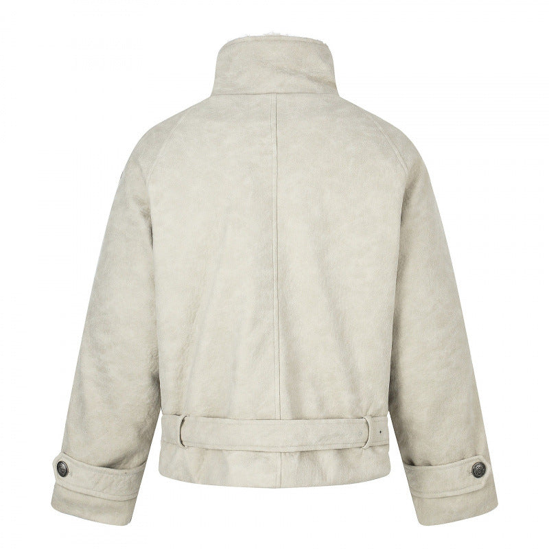 Herren Kurz geschnittene doppelt geknöpfte Aviator‑Jacke mit Teddyfutter, Stehkragen und Taillengürtel Echo Archiv