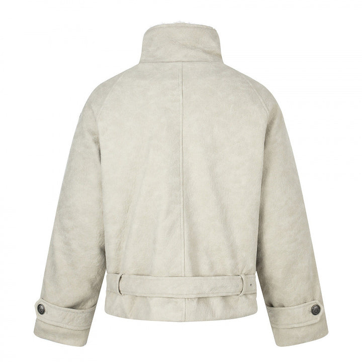 Herren Kurz geschnittene doppelt geknöpfte Aviator‑Jacke mit Teddyfutter, Stehkragen und Taillengürtel Echo Archiv