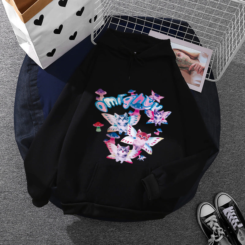 Damen Kapuzenpullover mit verspieltem Katzen‑Schmetterlings-Print und Kängurutasche – Auréline