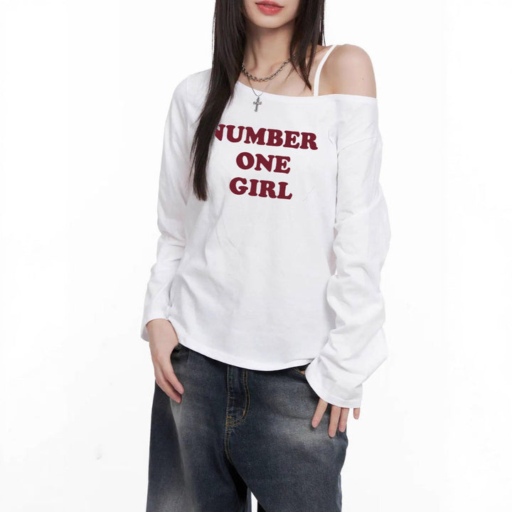 Damen asymmetrisches Off-Shoulder Longsleeve mit Statement-Print und lockerem Oversize-Schnitt – Avérine