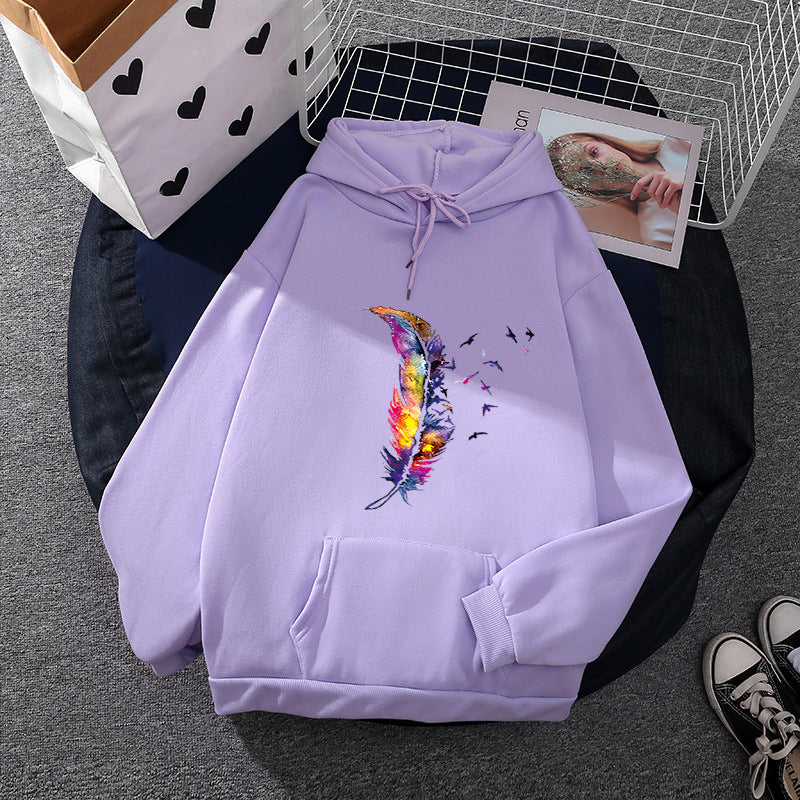 Damen Kapuzenpullover mit künstlerischem Aquarell‑Federmotiv, Oversize‑Schnitt und Kängurutasche – Auréline