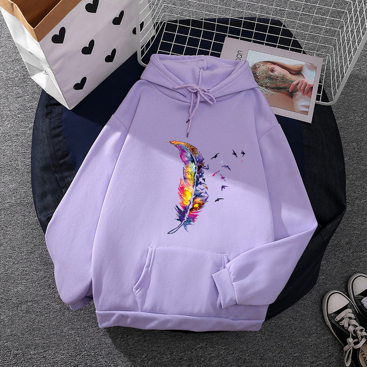Damen Kapuzenpullover mit künstlerischem Aquarell‑Federmotiv, Oversize‑Schnitt und Kängurutasche – Auréline