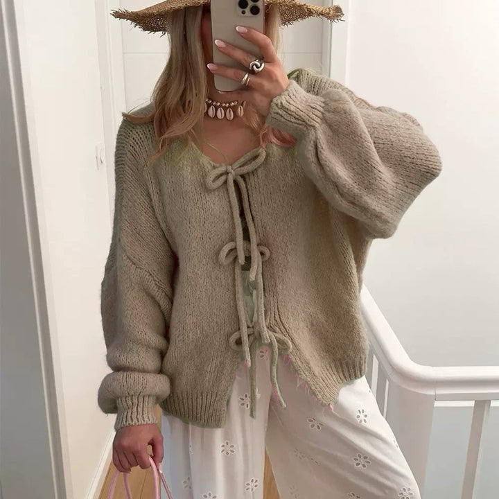 Damen Grobgestrickter Offener Cardigan mit Bindebändern, Oversize‑Silhouette und Raglanärmeln – Veloura