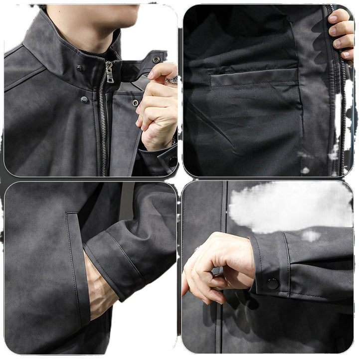 Herren Minimalistische Vintage-Kunstleder-Bomberjacke mit Stehkragen und verdeckter Druckknopfleiste Echoarchiv