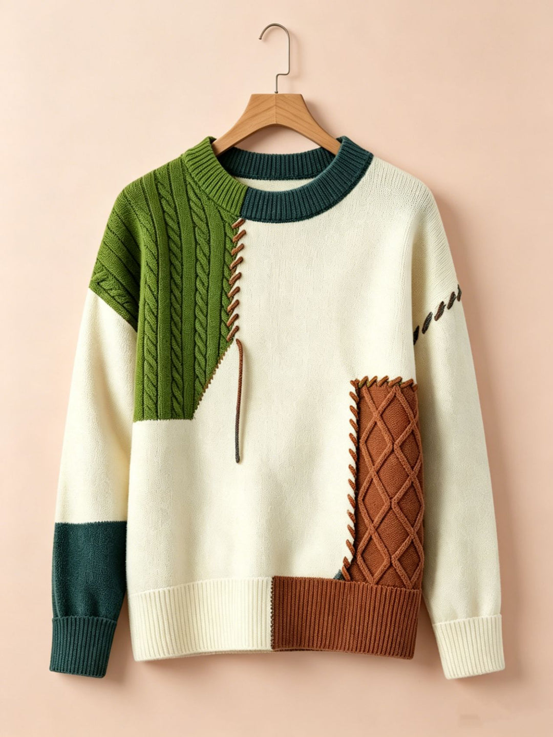 Damen Oversize Strickpullover im Patchwork‑Design mit Zopfmuster‑Einsätzen – Mavelle