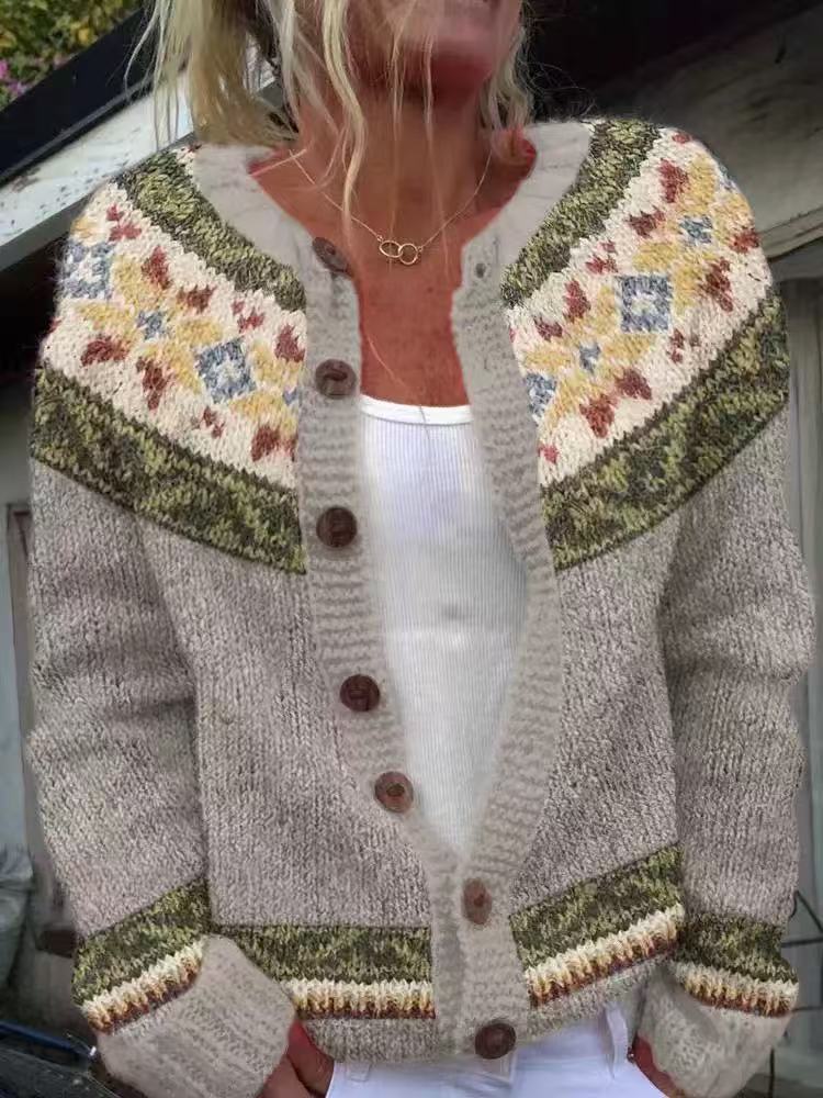 Damen nan gemusterte Strickjacke mit Rundpasse, Holzknöpfen und Eingrifftaschen Echo Archiv