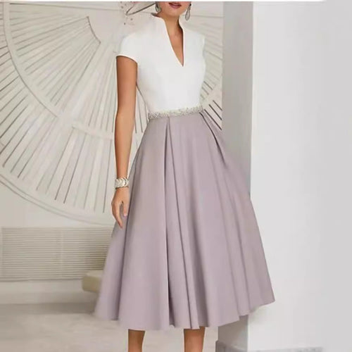Weißes Farbblock V-Ausschnitt Ausgestellt Sommerkleid – Élara