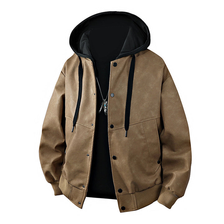 Herren Veloursleder‑Optik Kapuzenjacke mit Druckknopfblende, Oversize‑Schnitt & gerippten Bündchen Echoarchiv